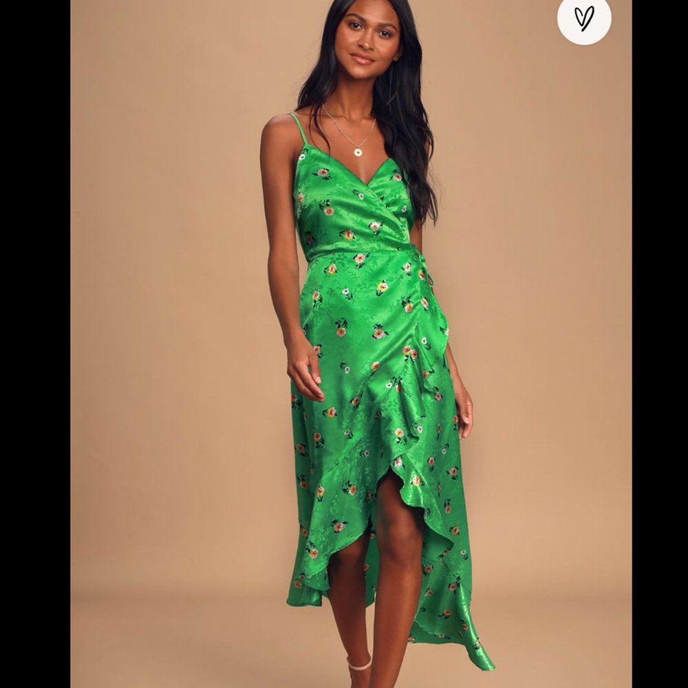 Lulus Green Floral Satin High-Low Midi Wrap Dress
